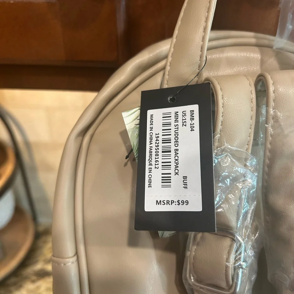 Badgley Mischka Mini Studded Backpack Quilted- Beige - Picture 3 of 5